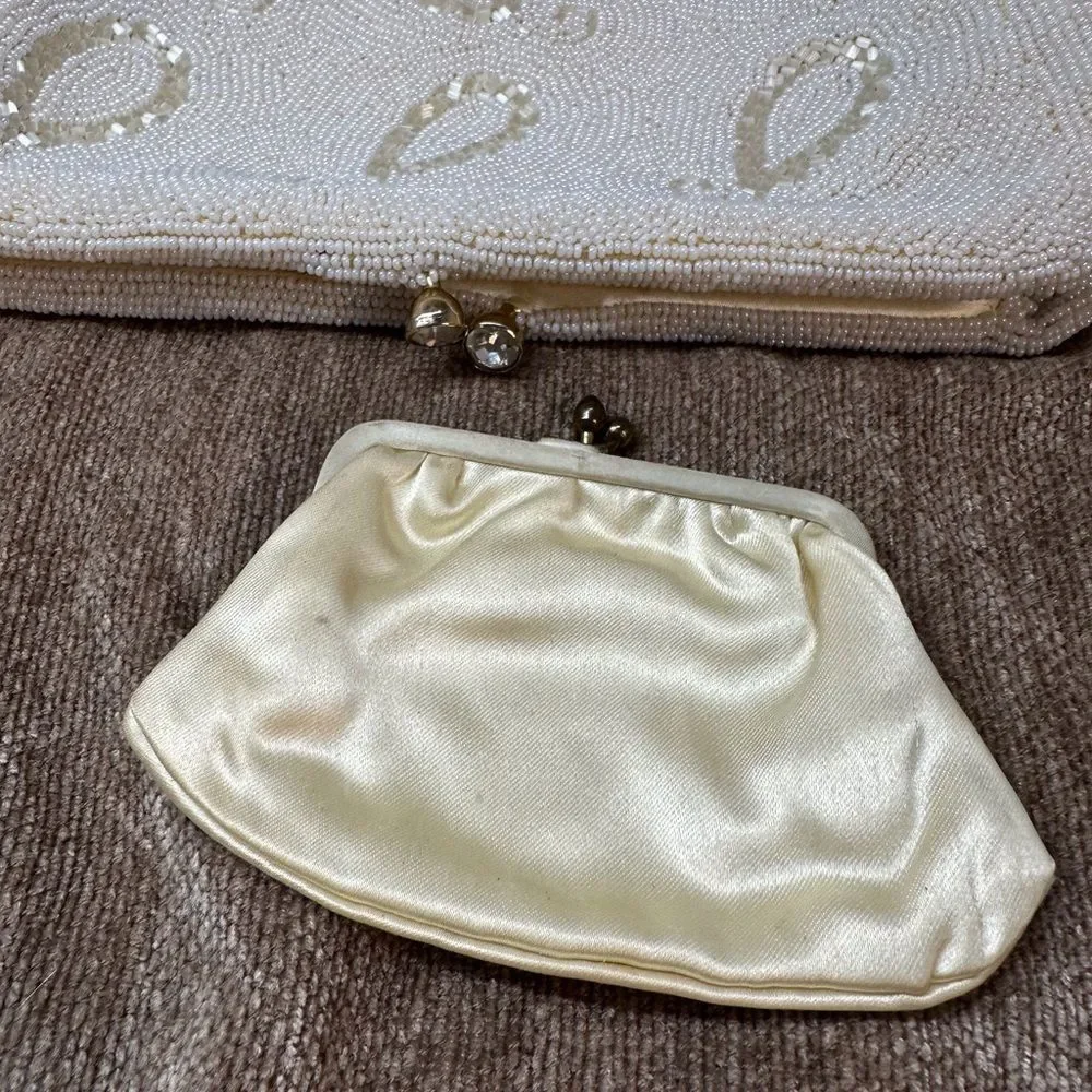 Vintage Cream Hand Beaded in Belgium Clutch bag with Coin Purse